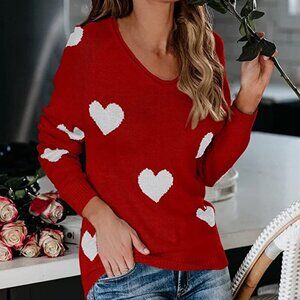 Cute Love Heart Print Sweaters Oversized Off The Shoulder Loose Knitted Valentin